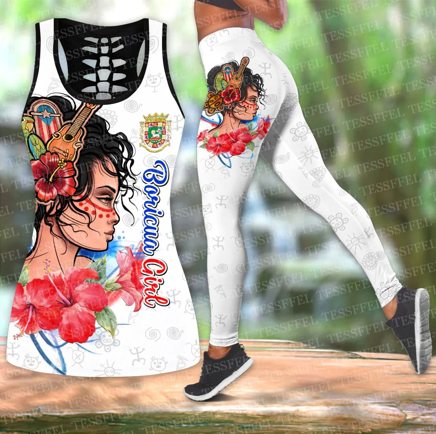 Custom Name Caribbean Sea Country Puerto Rico Boricuas Vintage Retro Harajuku 3DPrint Women Causal Hollowout Tank Top Leggings A