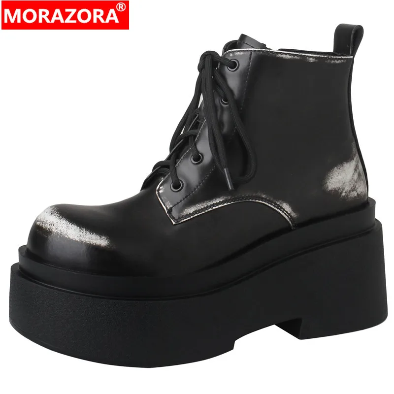 Morazora botas de couro genuíno com plataforma para mulheres saltos grossos ankle boots com banda estreita para o inverno novo 2022