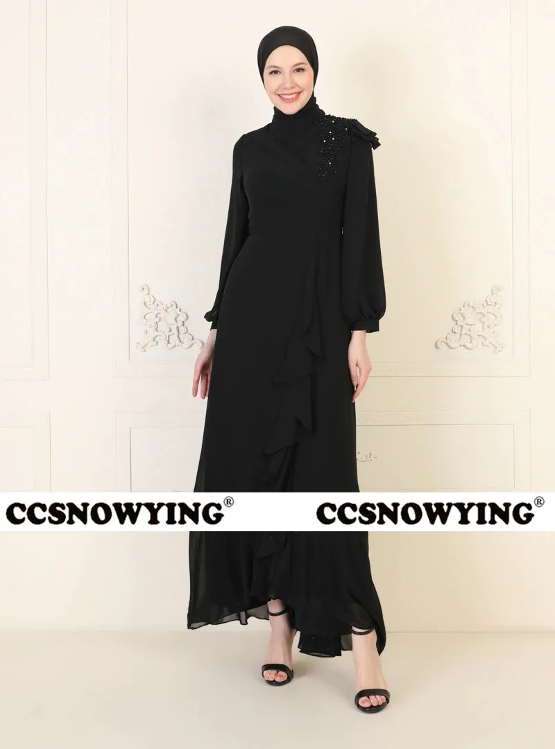 Chiffon Appliques Muslim Evening Dresses Long Sleeve Islamic Prom Dress Women High Neck Hijab Formal Party Gown Robe De Soiree