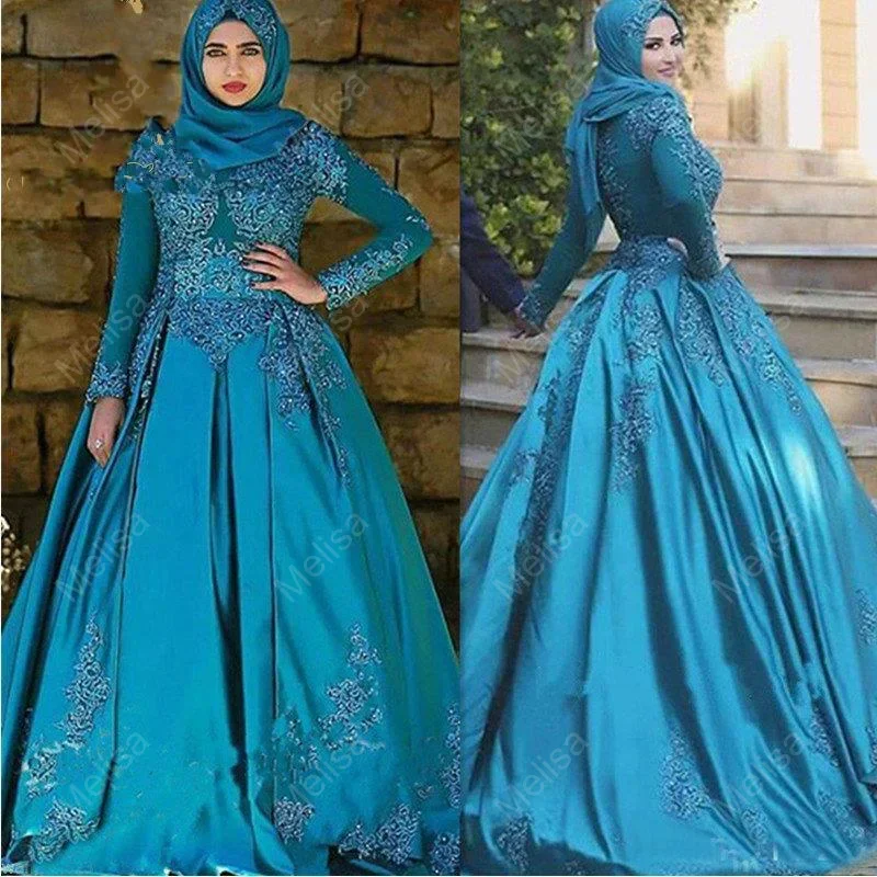 فساتين زفاف إسلامية زرقاء مخصصة على شكل حرف a بأكمام طويلة دانتيل زي العرائس Vestido De Casamento 2025