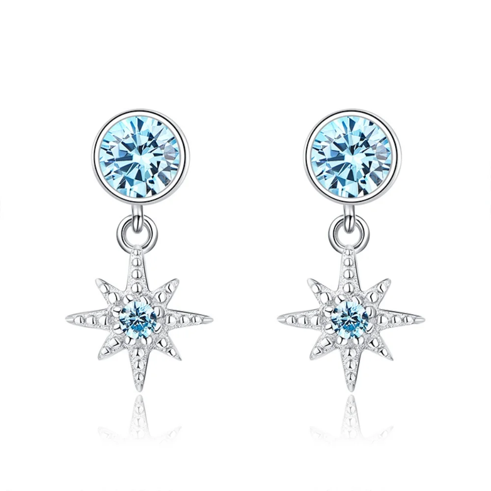 

North Star Earrings 925 Sterling Silver Earrings Female Octagon Star Sea Blue Zircon Stud Earrings