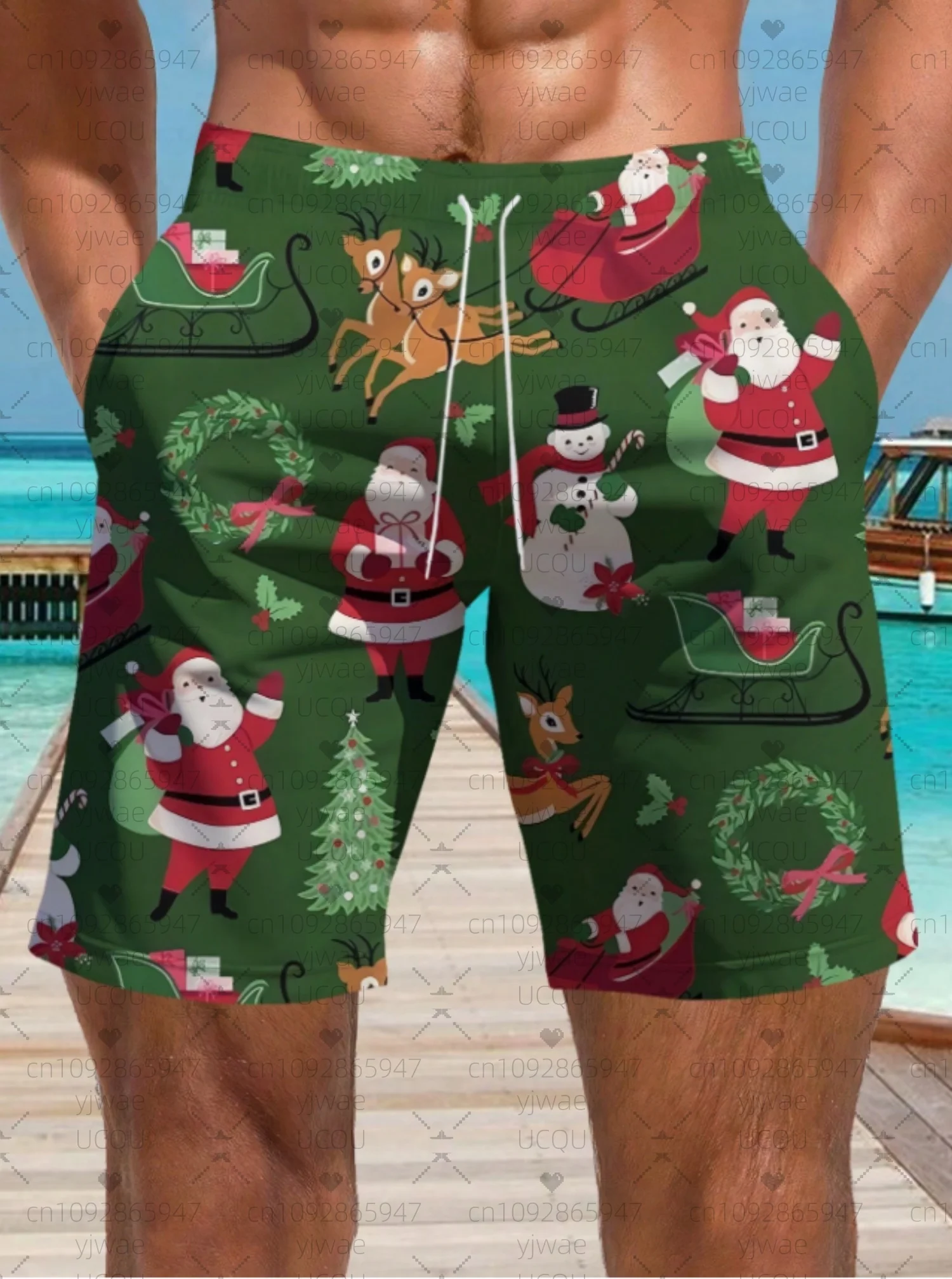2025 мужские шорты для доски, рождественские плавки с Санта-Клаусом, эластичные быстросохнущие гавайские пляжные шорты на шнурке, мужская одежда