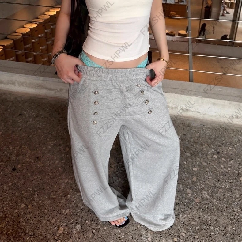 Women Y2K Button Wide Leg Sweatpants Elastic High Waist Loose Casual Trousers Streetwear Hip Hop Track Pants Alt Aesthetic Pants