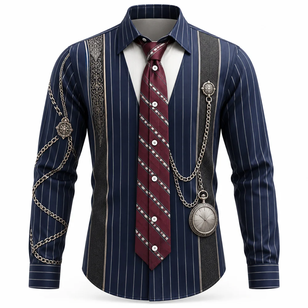 Tartan Plaid Chain stripe Shirt for Men Tie 3D Print Long Sleeve lapel Shirt Button Up Casual Party retro fashion men's shirts