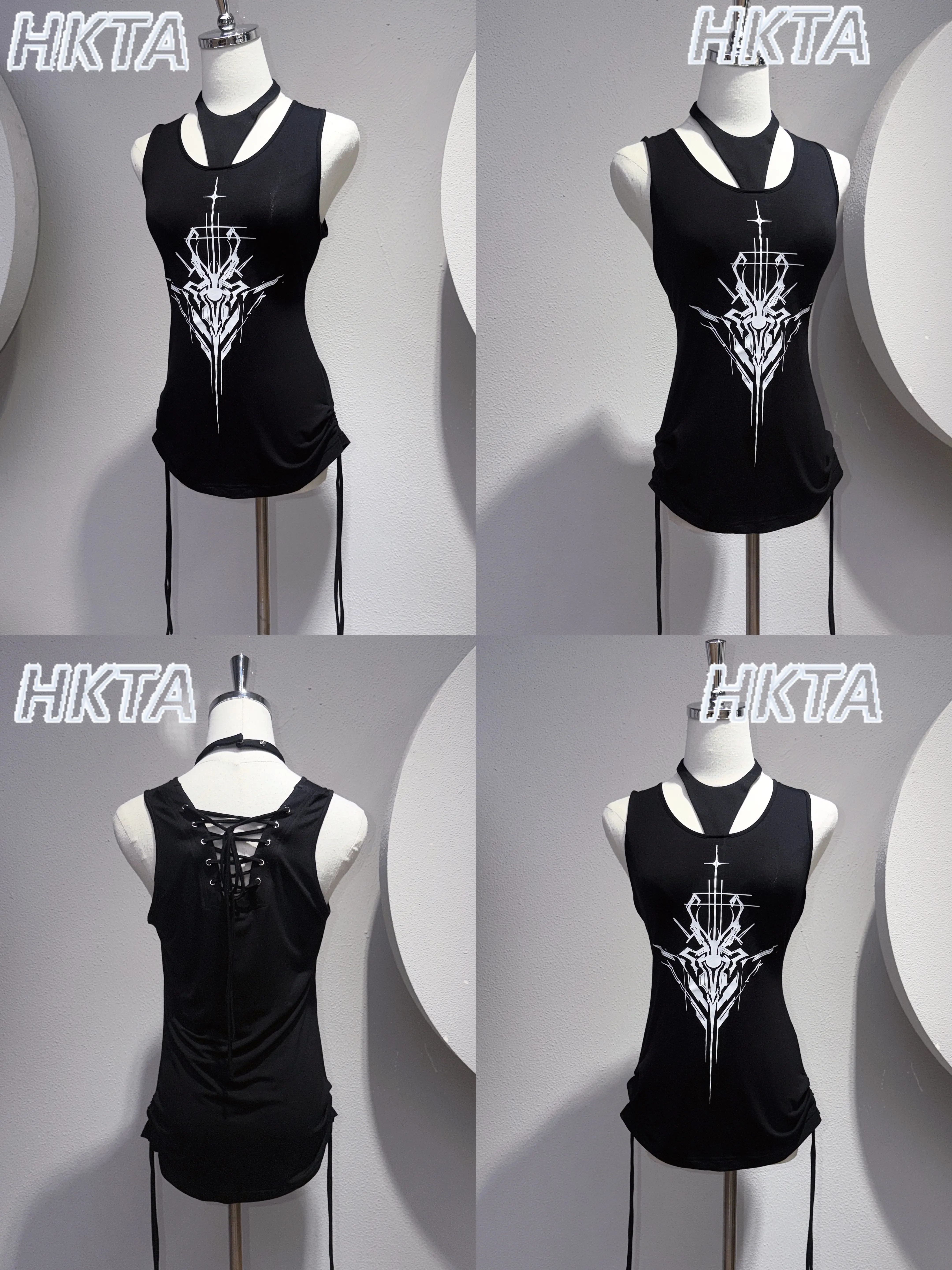 Japanese Summer Subculture Y2k Vest Cool Print Crew Neck Slim Vest Dark Goth Personality Locomotive High Street Black Top Women