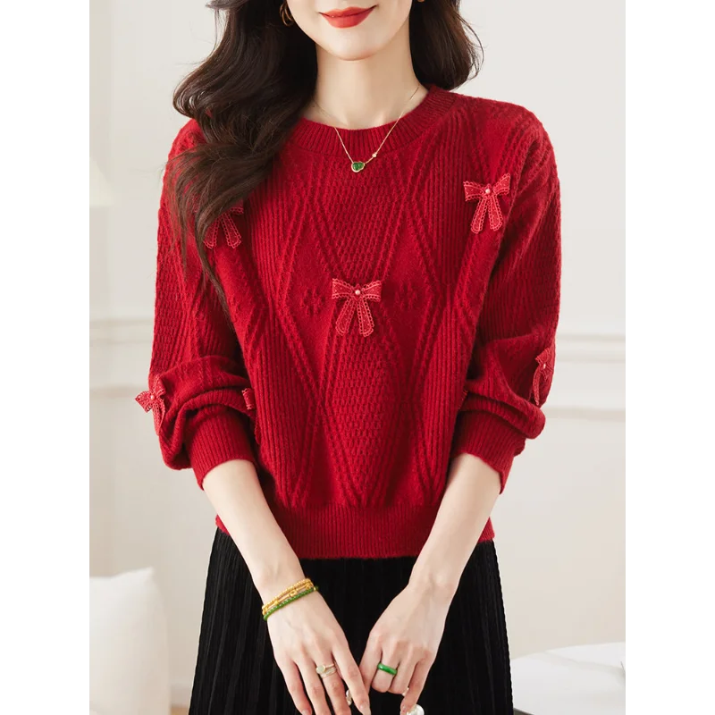 Sweet Women Round Neck Bow Decor Knit Sweater Twisted Texture Cropped Pullover Autumn Casual Tops