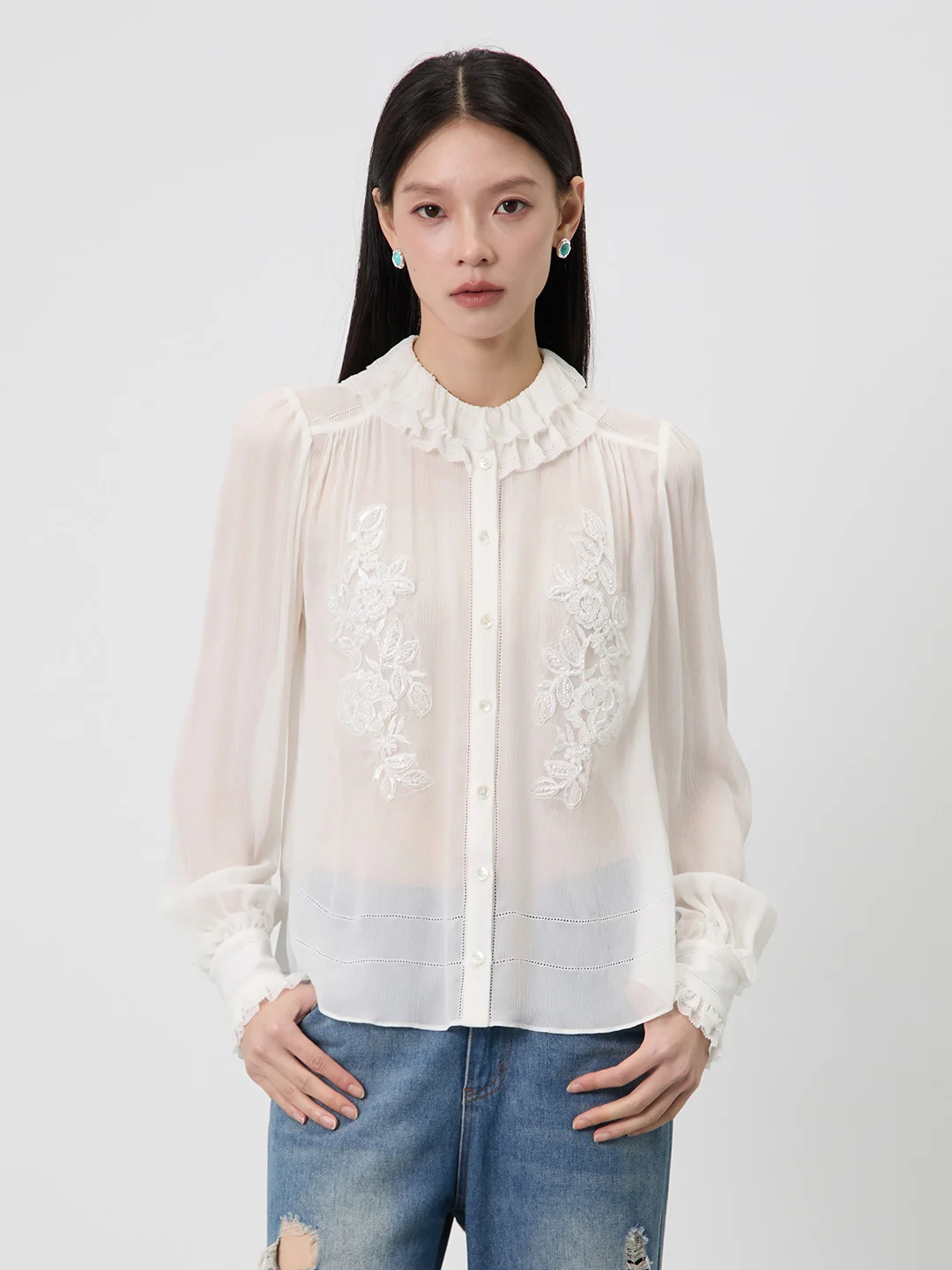 

Ele Silk irt for Women by Qingan Home 00% Silk Embroidered Texture Long Sve French Sle Straight Cut