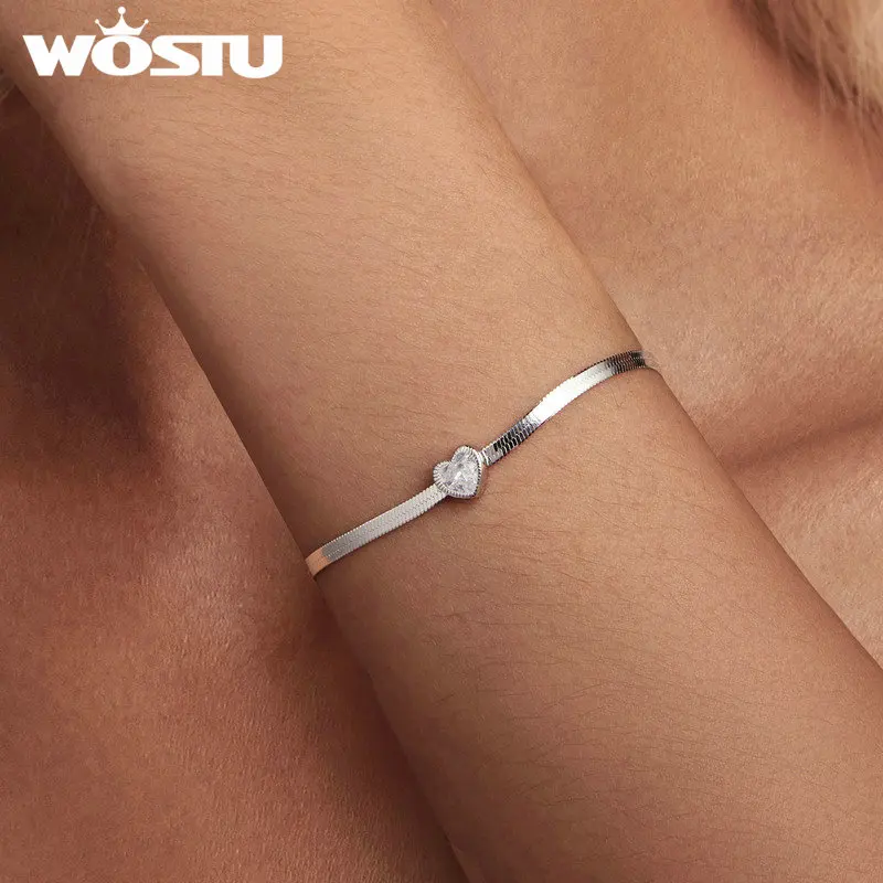 WOSTU 925 Sterling Silver Shining Heart Bracelet with Zircon Original Fine Jewelry for Women Party Wedding Romantic Gift