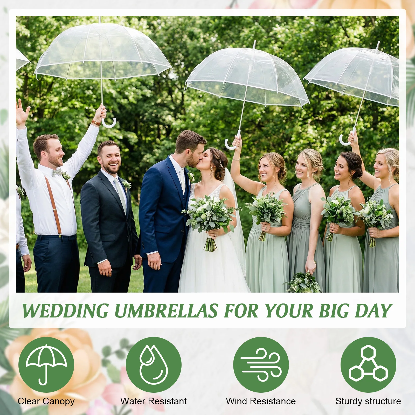 

52 Inch Large Windproof Transparent Wedding Umbrellas with Thank You Tags and Rope for Wedding Bridal Parties Graduation Outdoor