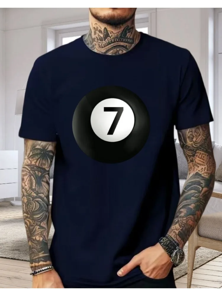 Mens Dark Gray Cotton Tee Lucky Seven Billiard Ball Retro Graphic Crew Neck Short Sleeve Vintage Street Casual Male Loose Top