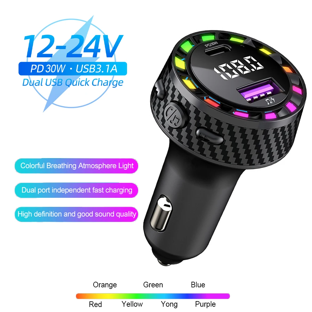 

Car Bluetooth 5.3 FM Transmitter Car Charger Audio USB Type C Fast Charger with Breathing Light Handsfree Car Kit MP3 Player