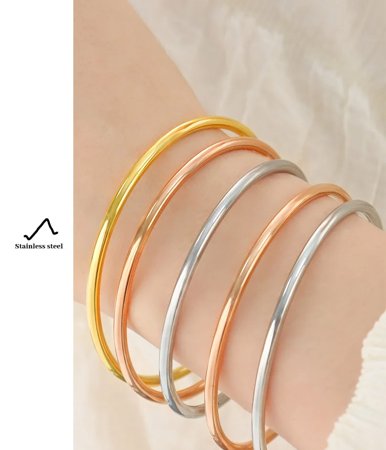 3 Teile/los Nicht Verblassen Edelstahl Armband Armreifen Für Frauen Einfache Stil Vergoldet Wasserdichte frauen Armbänder Armreif – Detail 7
