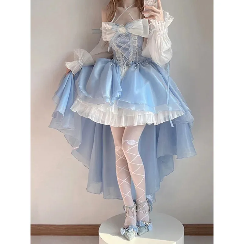 

French Romantic Style Lolita Op Elegant Girl Cosplay Princess Puff Sleeve Ribbon Bowknot Flower Tunic Mesh Fantastic Fairy Dress