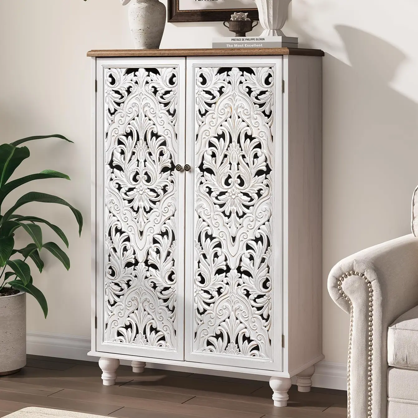 Mobile Kitchen Pantry Storage Cabinet Carved Doors Rolling Food Closet Cupboard Space Saving Wooden Accent Utility Organizer Tower Unit Farmhouse Display Rack White Finished