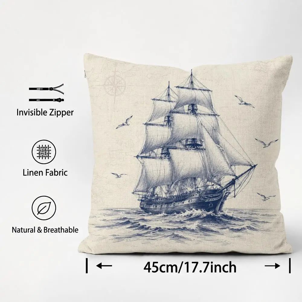Pattern Sailing Sailboat Cushion Cover Cushion Covers Natural Linen Breathable Sofa Bedroom Decor Pillowcase