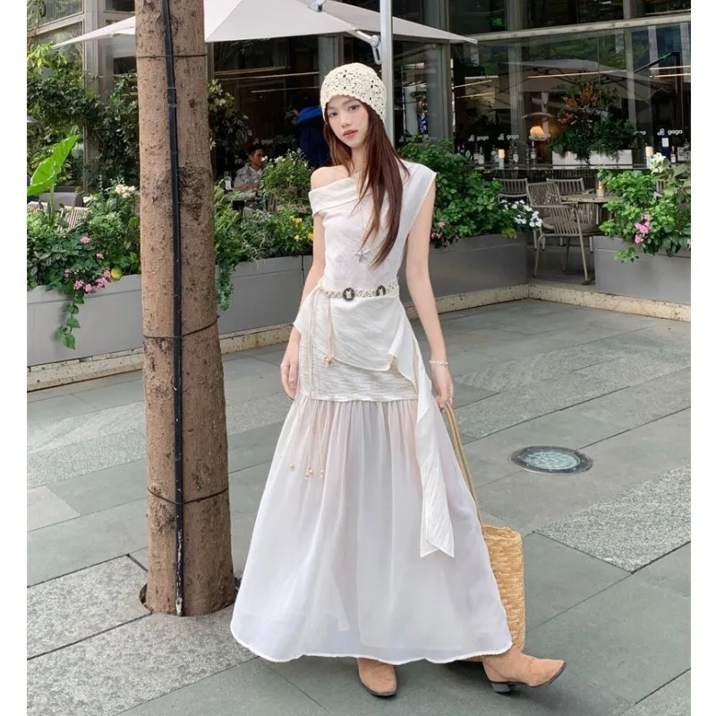

2025 Summer Boho Beach Travel T-Shirts Long Skirts Two Piece Sets Women Graceful Skew Collar Solid Tops Skirt Outfits Lady Suits