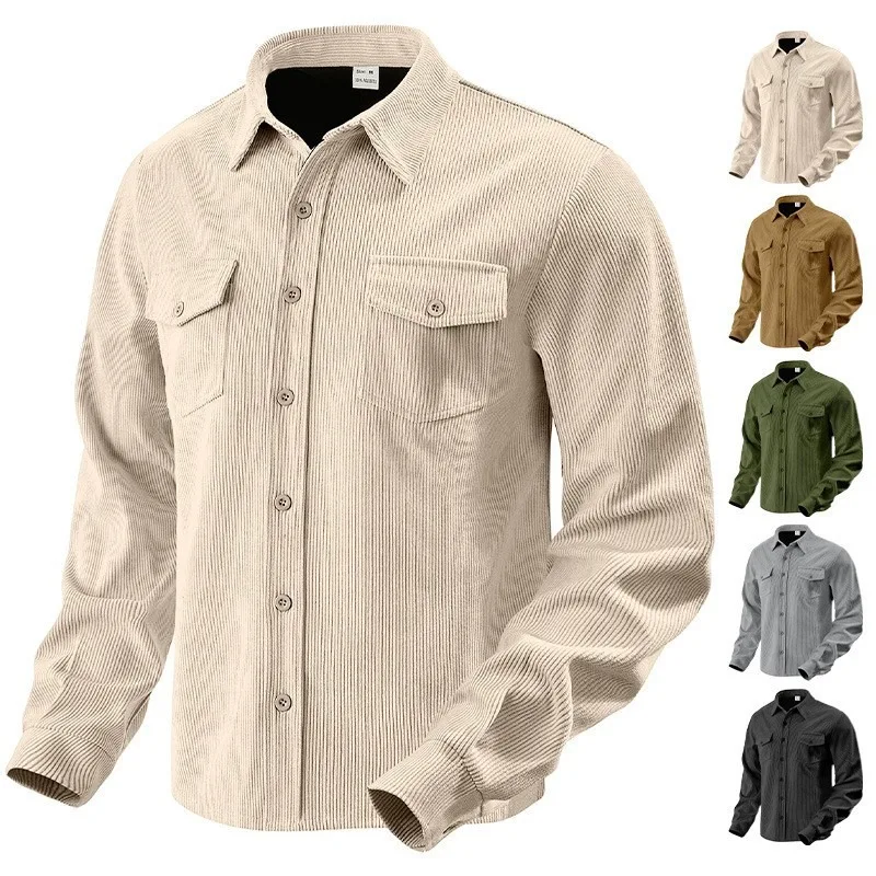 Men Autumn Winter Corduroy Shirt Jacket With Cargo Pockets Warm Windproof Casual Business Outerwear Multi color