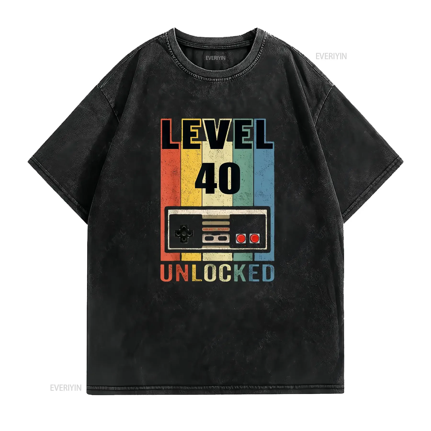 Mens Level 40 Unlocked T Shirt Video Gamer 40th Birthday s Black vintage Washed Top For Everyday Wear Slightly streetwear