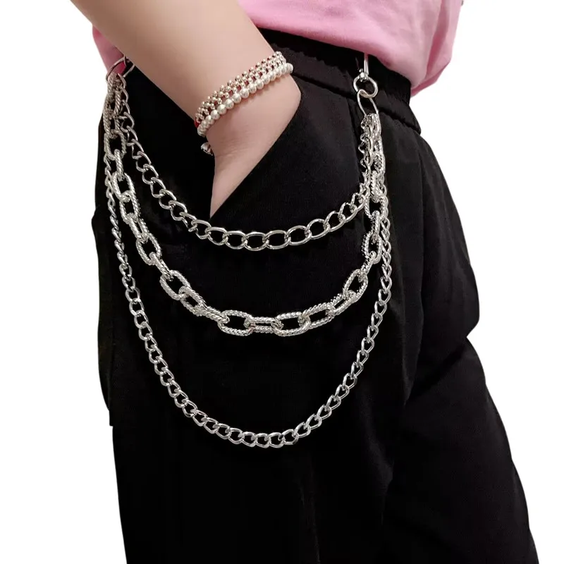 3 Layer Long Metal Belt Chain Rock Punk Hook Trousers Pant Waist Link Metal Wallet Chain Keychain Ring Clip Keyring HipHop