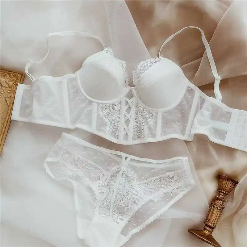Ensemble de lingerie push-up en dentelle française pour femme, soutien-gorge fin à armatures, chemise en maille transparente froncée, doux, pour petites poitrines, tailles S-XL