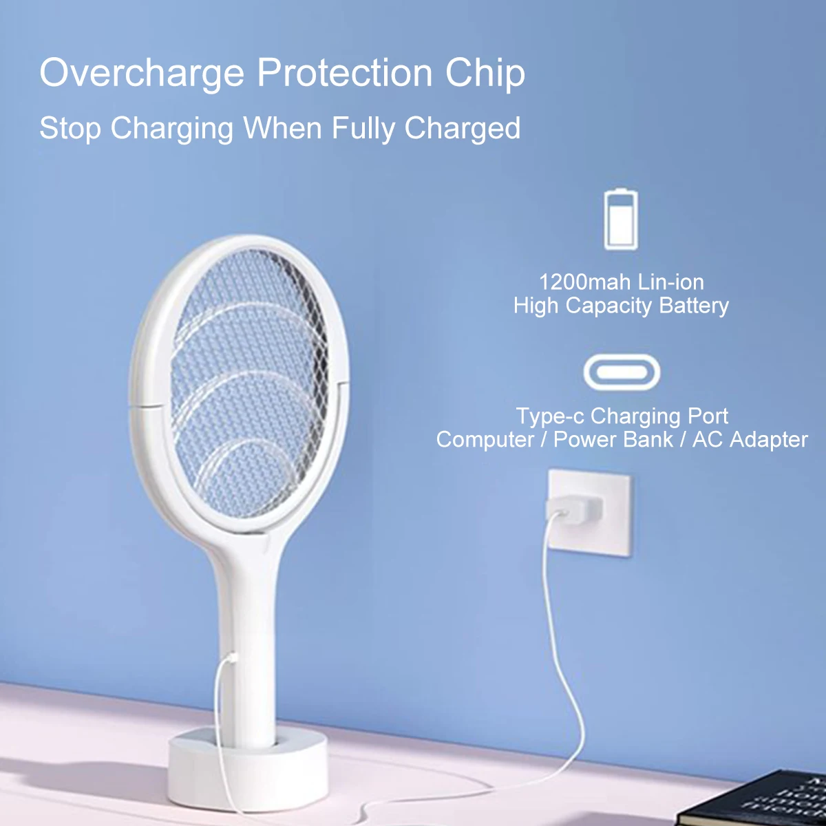90 Degree Rotatable Electric Fly Swatter Lamp Electric shocker Rechargeable Fly Zapper Racket USB Charging Mosquito Fly Killer