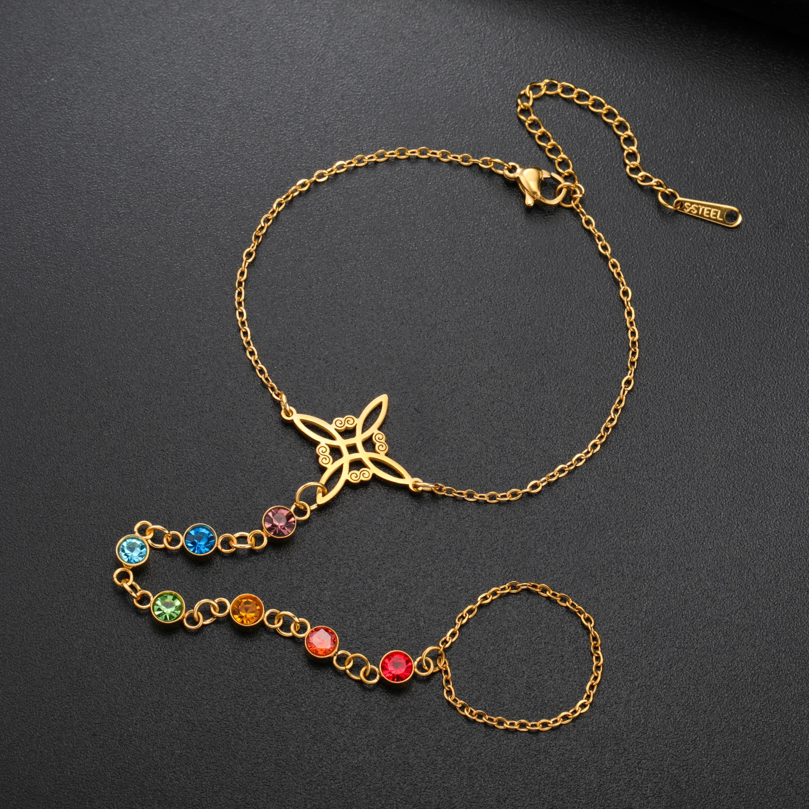 Unift سوار عقدة الساحرة مع خاتم الفولاذ المقاوم للصدأ سوار المرأة موضة سوار الزركون الملون مع خاتم هدايا لصديق #4