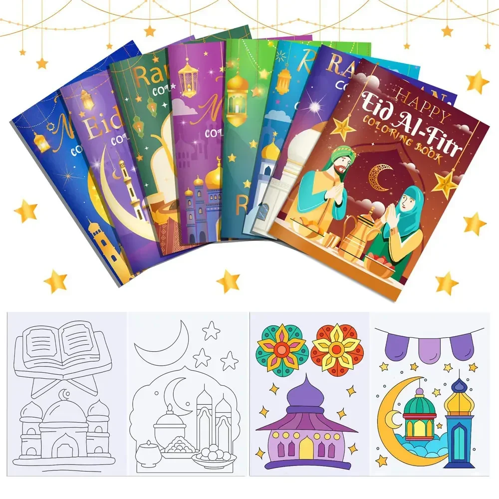 Ramadan Celebration Decor Kit 16 Pcs Golden Moon Castle DIY Art Book Cartoon Doodle Pad  Kids Picture Book Gift
