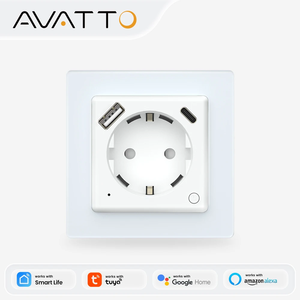 

Умная настенная розетка AVATTO WiFi стандарта ЕС с портами USB/Type-C для зарядки, совместимая с Tuya, Alexa, Google Home, Alice