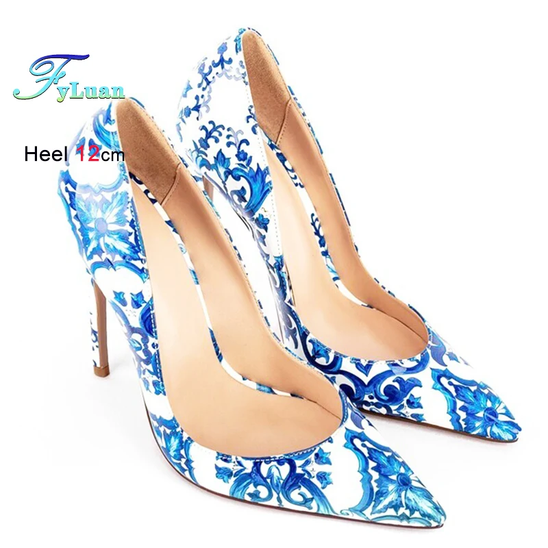 

2025 Новые сексуальные туфли в стиле ретро с острым носком на высоком каблуке, синие и белые фарфоровые модные женские туфли-лодочки на тонком каблуке