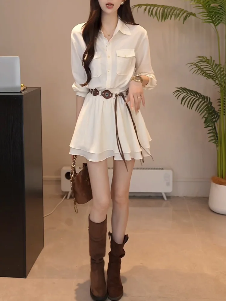 

Весенняя новинка: белый комплект из юбки-карандаш с поясом и топа с воротником для женщин, повседневный, из дышащей ткани, с высокой талией