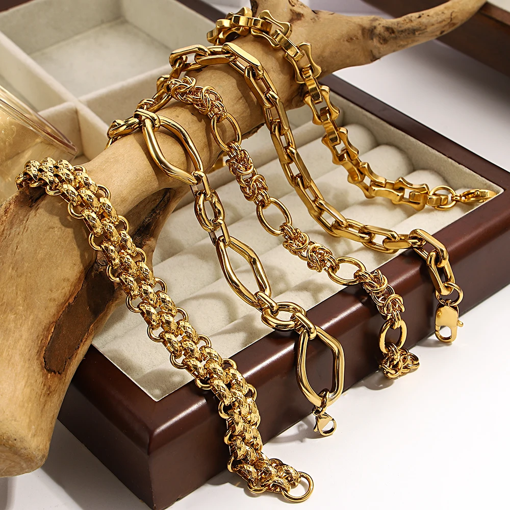 Multiple Punk Chunky Gold Plated Thick Chain Stainless Steel Bracelet for Women Twist Irregular Geometric Cuban Chain Bracelets