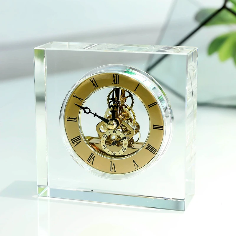 Modern Square Clear K9 Crystal Table Clock Small For Home Office Decoration Gifts