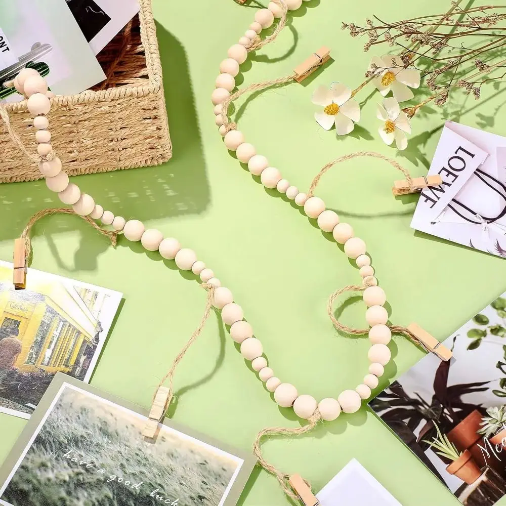 Wall Hanging Picture Display String Wooden Tassel Clips Photo Holder Photo Display Wooden Bead Home Bedroom Dorm Wall Decoration