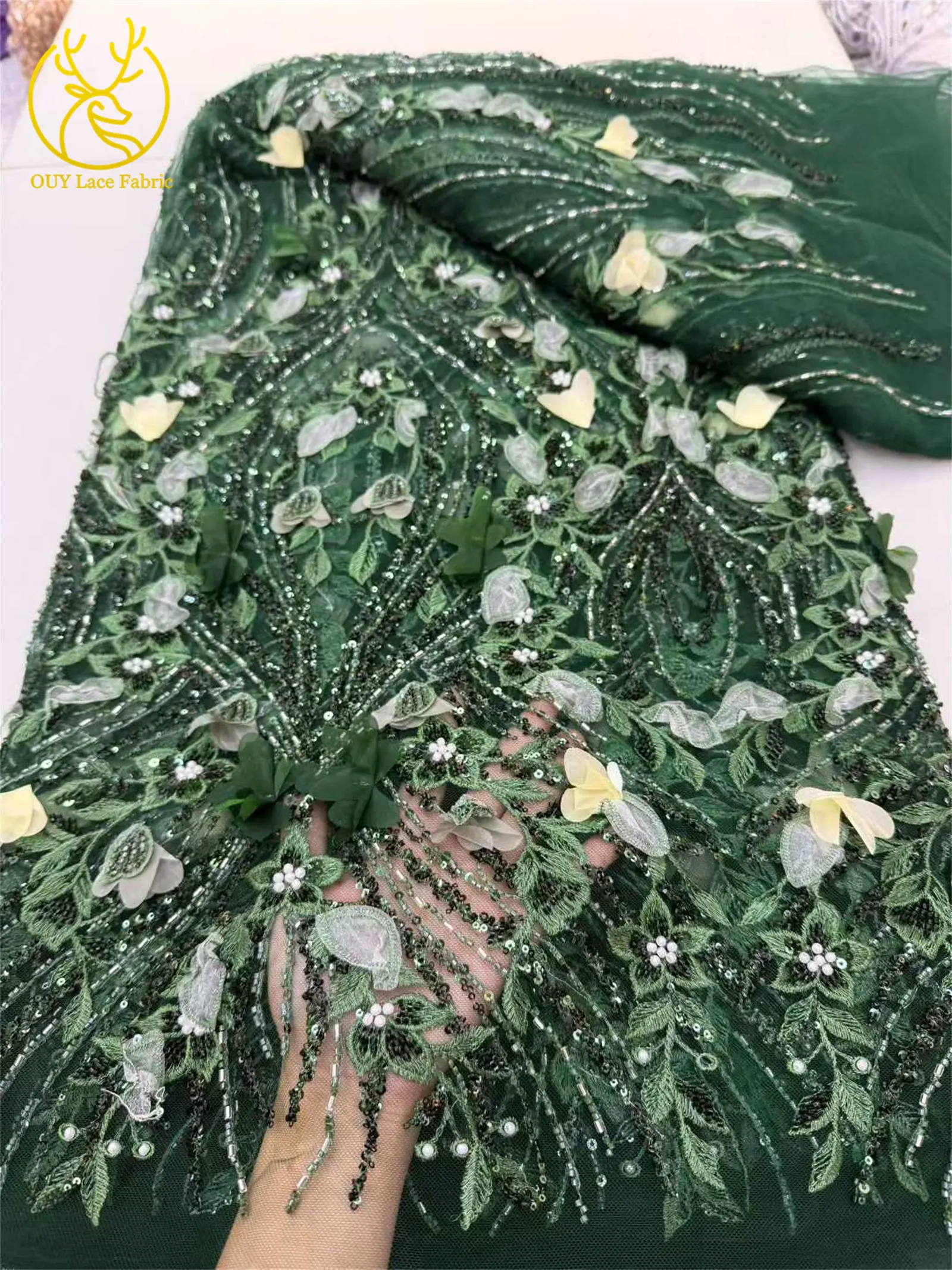 Neueste 3D Blumen Afrikanische Perlen-Spitzenstoff 2026 Französischer Nigerianischer Pailletten-Spitzenstoff für Braut Hochzeitskleid Material – Detail 7