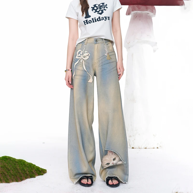 ELFSACK Cool Wide Leg Jeans with Cute Cat and Bow Print, Streetwear Denim Pants for Women's Summer Outfit
