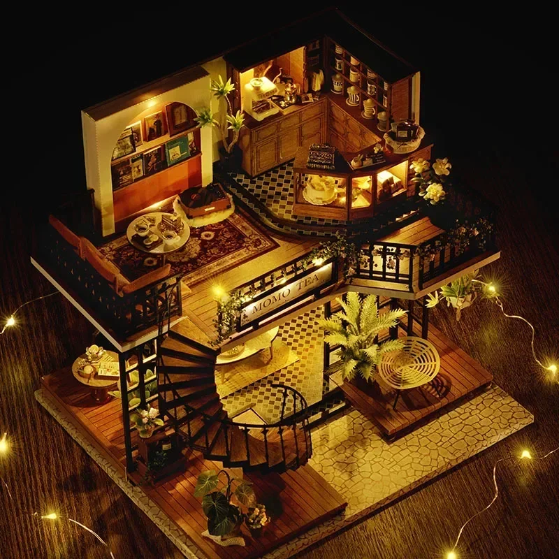 Momo Tea Coffee Shop Casa Dollhouse DIY Wooden Doll Houses Miniature Building Kits with Furniture Toys for Girls Birthday Gifts