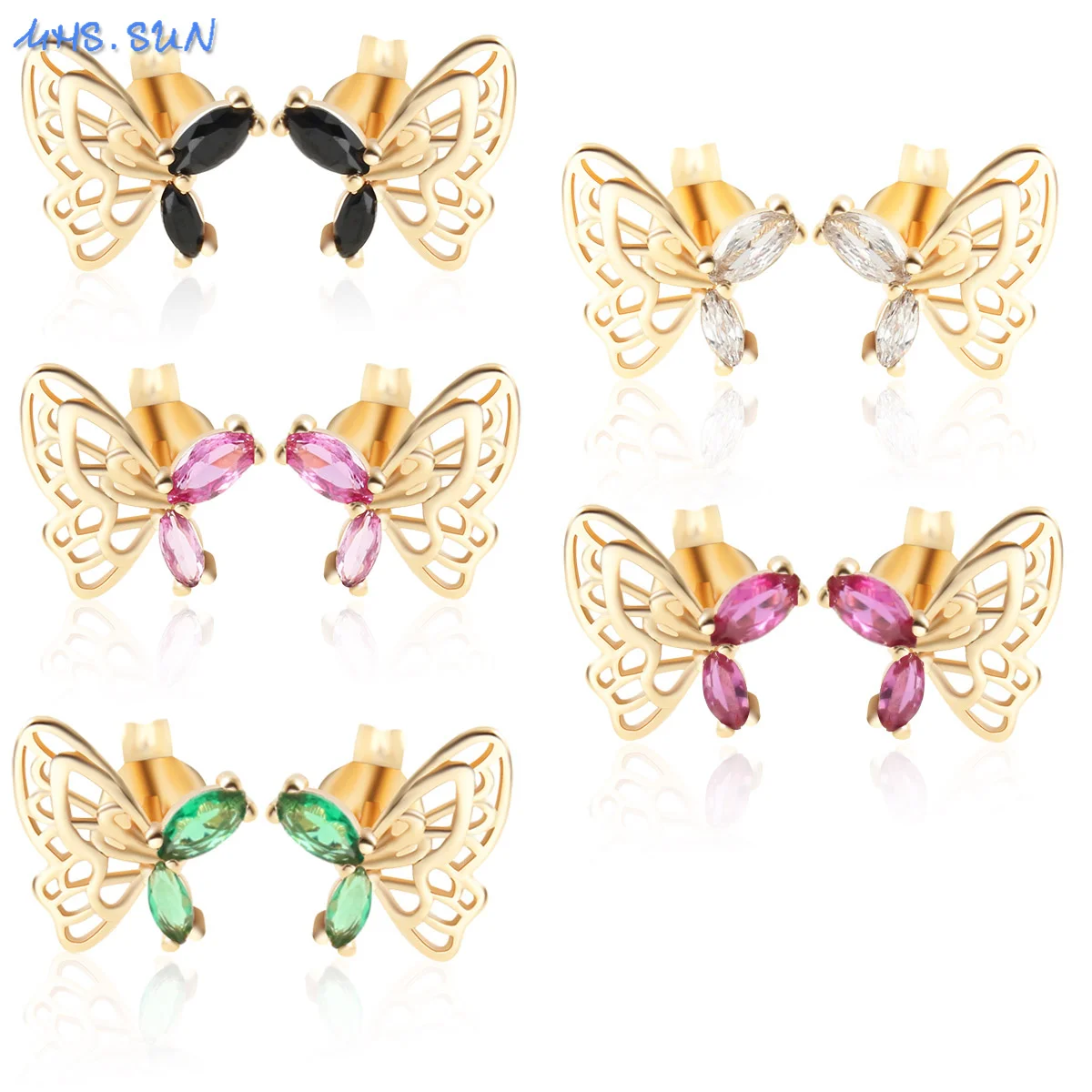 MHS.SUN Cubic Zircon Butterfly Hollow Out Stud Earrings Gold Plated For Women Girl Exquisite Banquet Party Fashion Jewelry