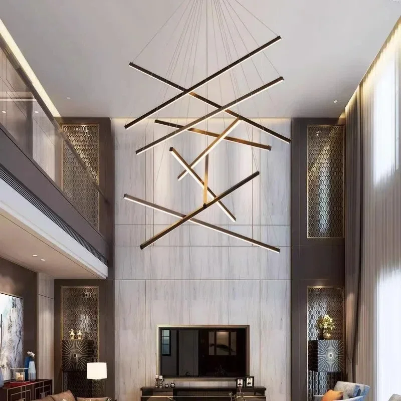 Villa Hall Entryway Living Room Pendant Light Home Stairs Long Hanging Lamp Modern Minimalist Line Loft High Ceiling Chandelier