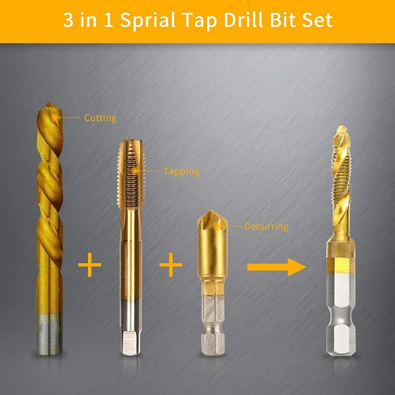 Juego de brocas y taladros combinados de ABPP-7Pcs, herramienta de broca de roscado de tornillo recubierto 3 en 1 para perforar hilo métrico HSS M3-M10