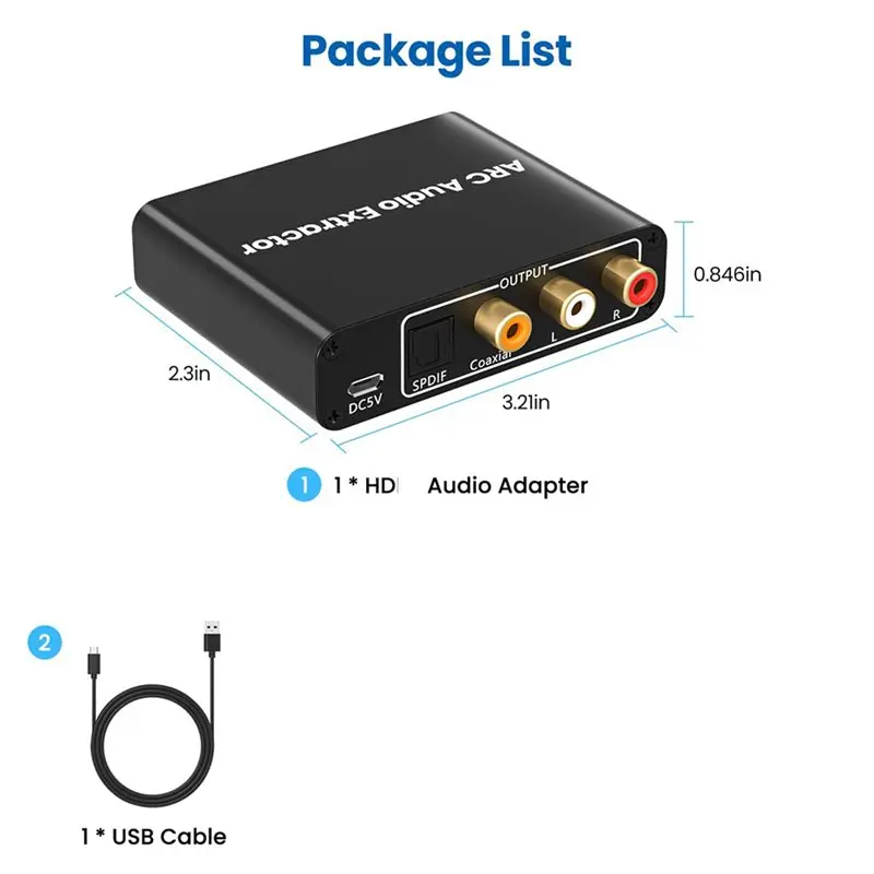 A31T for ARC Adapter Audio Extractor with Optical TOSLINK SPDIF Coaxial and Analog 3.5mm to RCA Converter 2-Pack