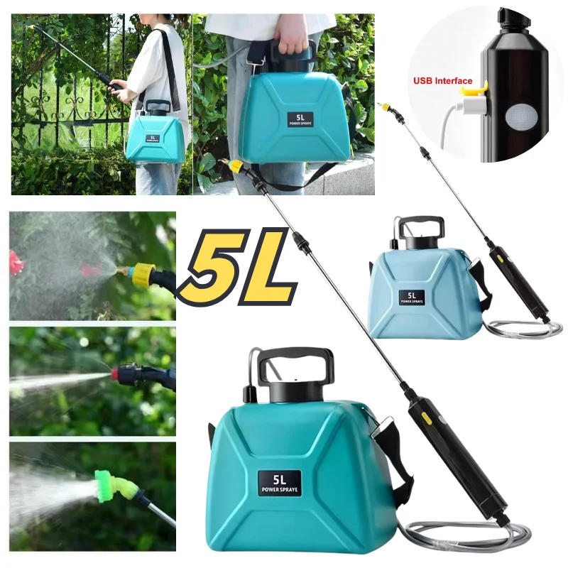  5L Electric Sprayer with Adjustable Nozzle High-Pressure Agricultural Pesticide Sprayer Portable Rechargeable Garden Sprayer