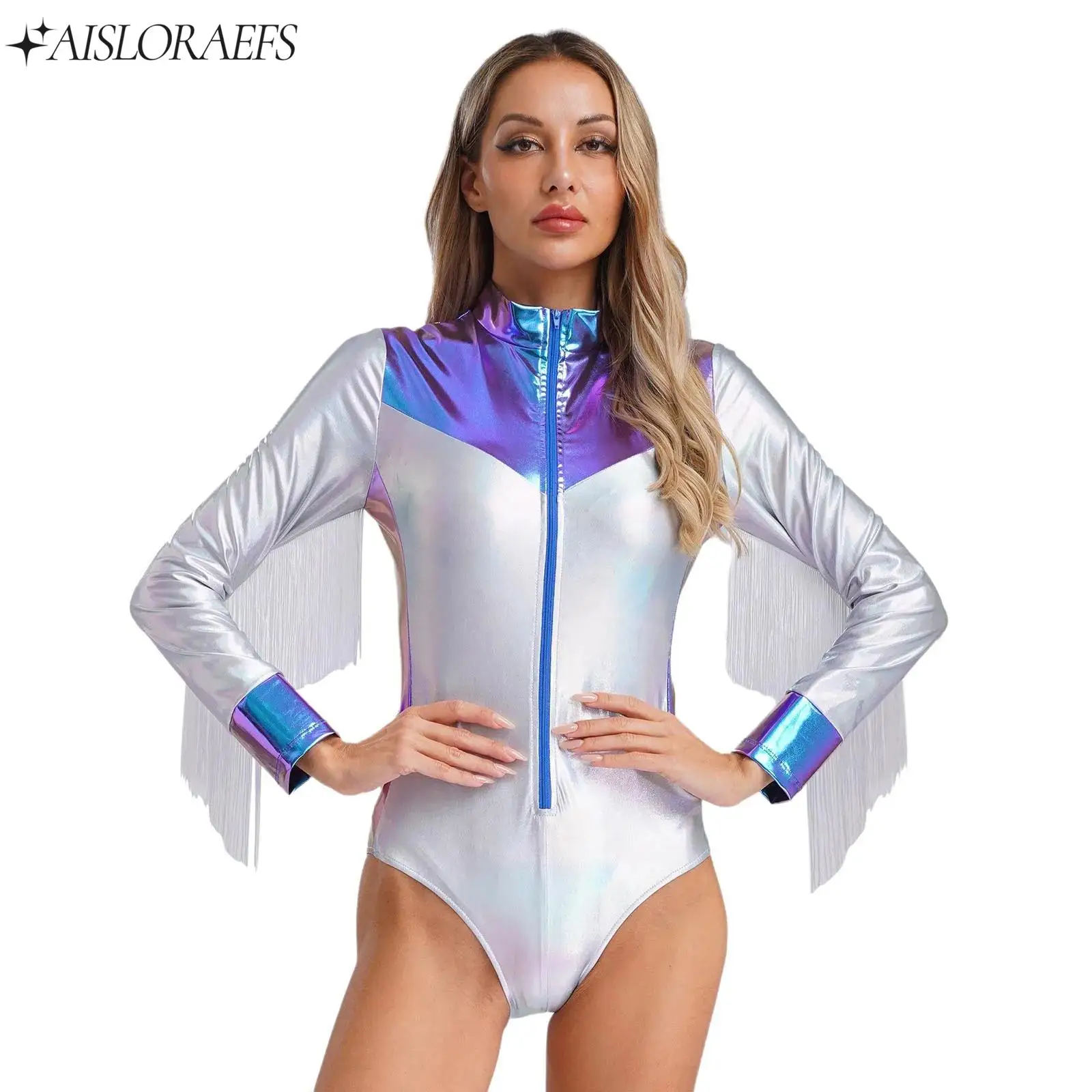 

Womens Modern Dance Costume Astronaut Cosplay Costume Long Sleeves Tassel Leotards Gymnastic Romper Disco Performance Clothes