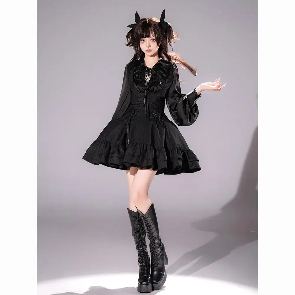 MAGOGO Spring and Summer New Japanese Gothic Mass-produced Elegant Miss Design Long Sleeve Bandage Shirt Slim Strap Dress Suit