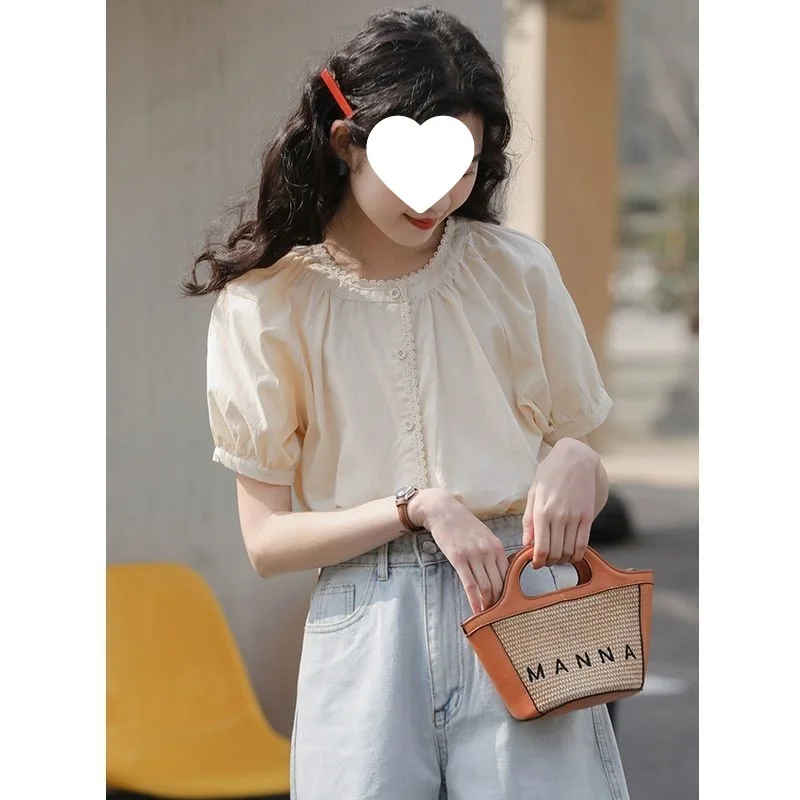 French Vintage Short Sleeve Women's Shirt Fresh Floral Edge Design Summer New Style Polyester Lycra Blend Shoulder Bared Loir...