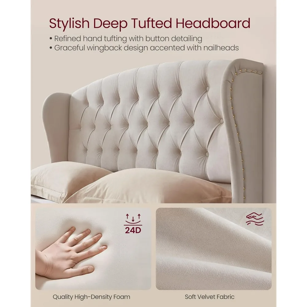 إطار سرير منجد بمنصة كوين مع لوح رأسي معنقدة طويل القامة ولوح للقدمين