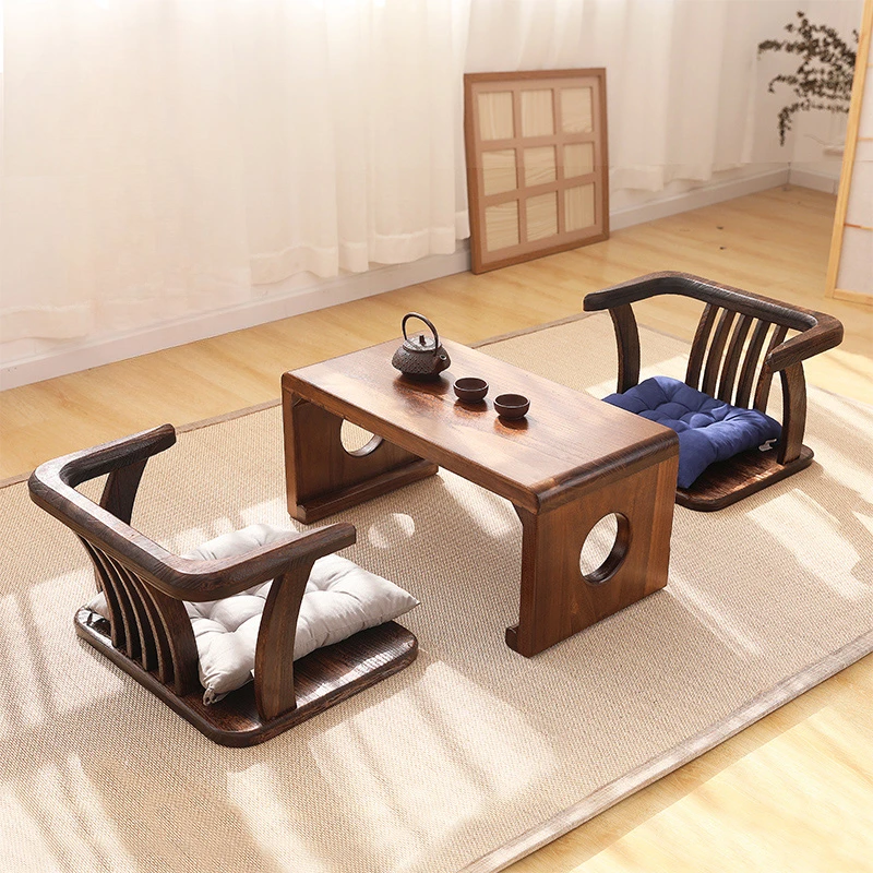 ti- Solid Wood Tatami Chair Meditation Stool with Backrest for Tea Ceremony Zen Style Armchair for Balcony or Living Room-