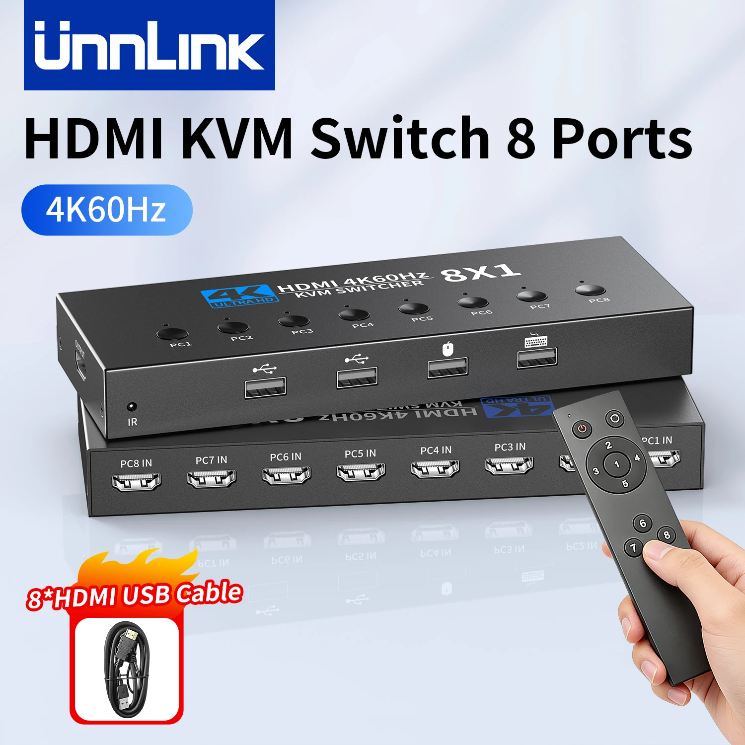 Unnlink 4K 60Hz HDMI USB KVM Switch 8 In 1 Out Video Switcher 8 Port 8 PC Share 1 Monitor Mouse Keyboard with IR Remote Control