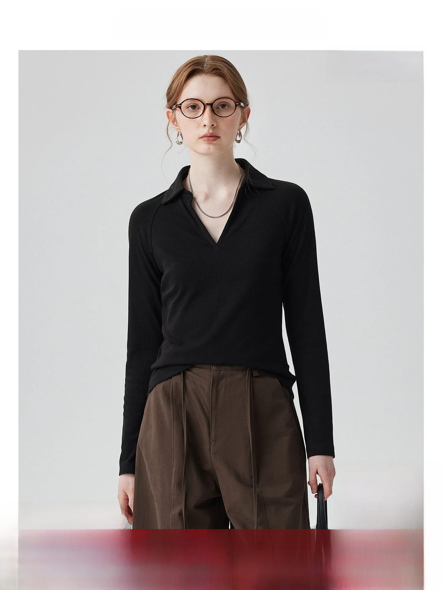 

Ele Long Sve irt Women's Knitted Top Turn-down Collar Versatile Commute Faionable Autumn New Arrival