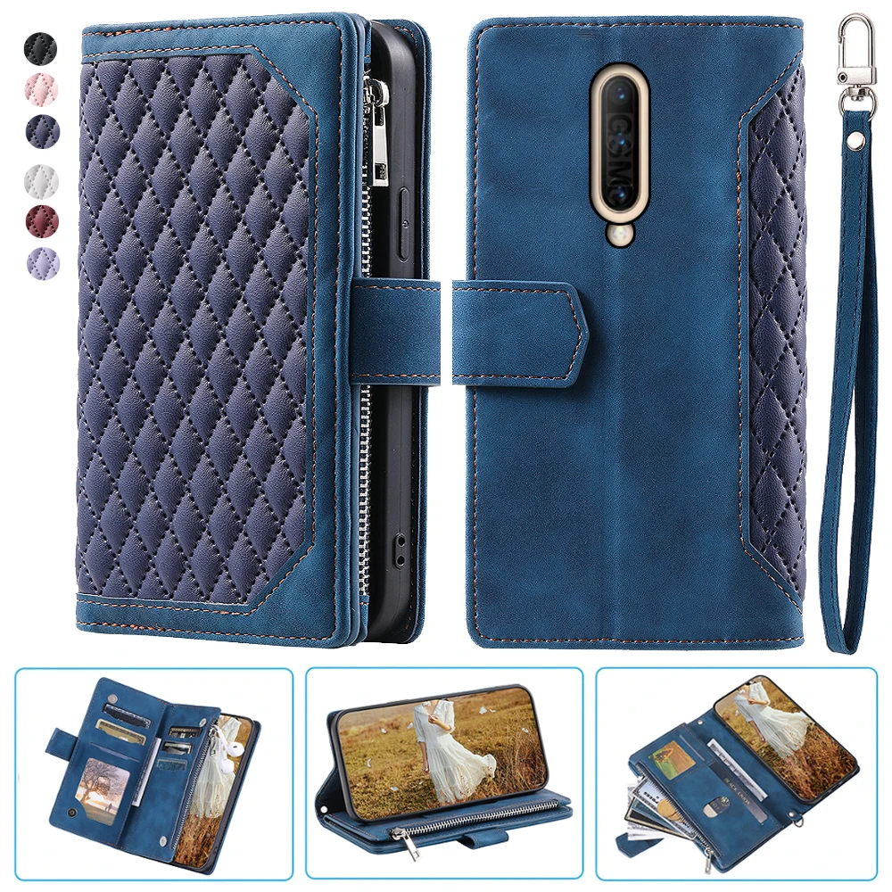 

For OnePlus 7 Pro Fashion Small Fragrance Zipper Wallet Leather Case Flip Cover Multi Card Slots Cover Folio with Wrist Strap