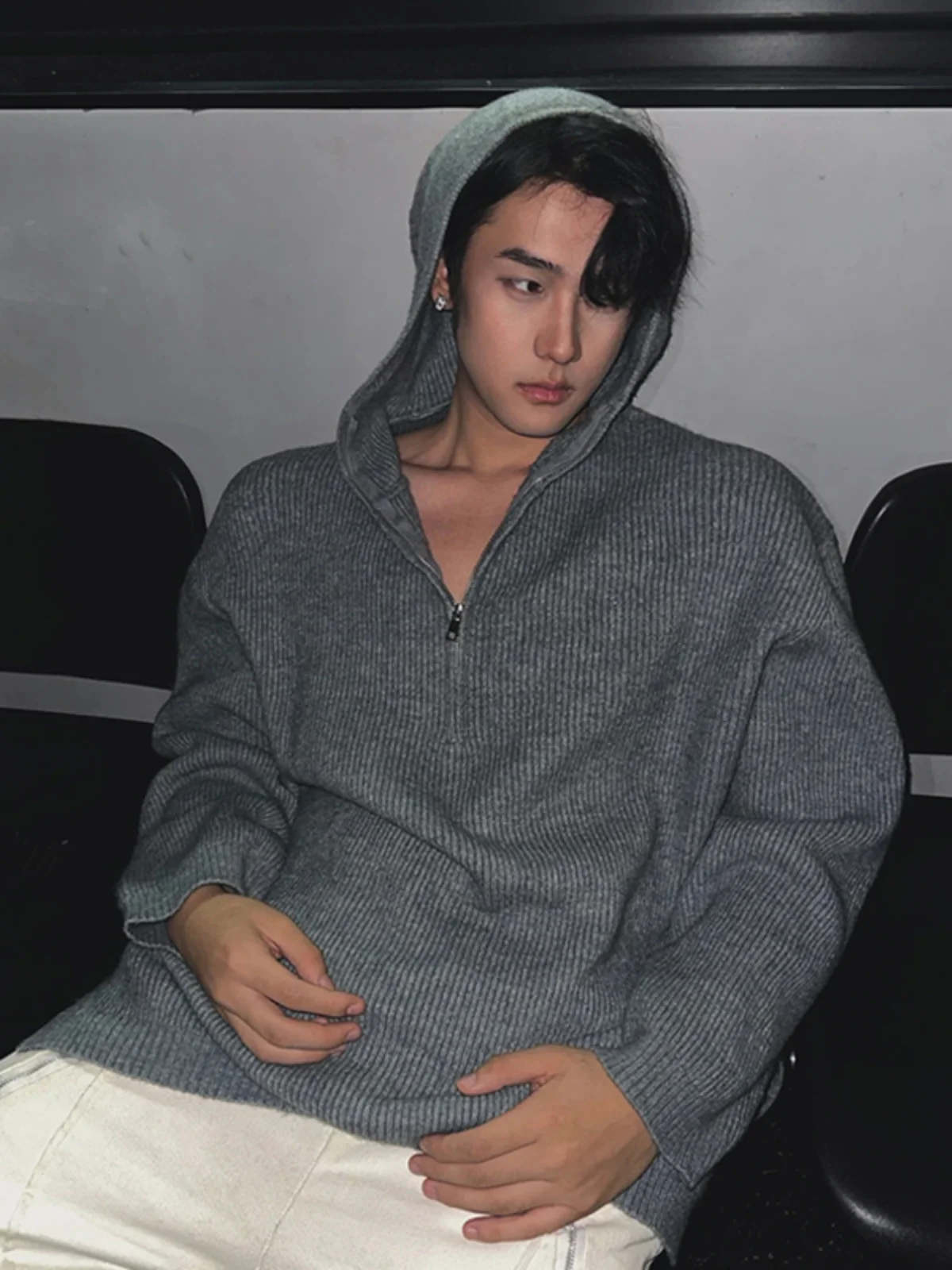 

Мужской свитер Deep Grey с воротником-стойкой на молнии, осенне-зимний, в уличном стиле, повседневный, свободного кроя, с длинными рукавами, вязаный джемпер